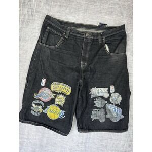 Vintage NBA Basketball Shorts Mens 40 Black Carpenter Teams Logo Denim Jorts Y2K